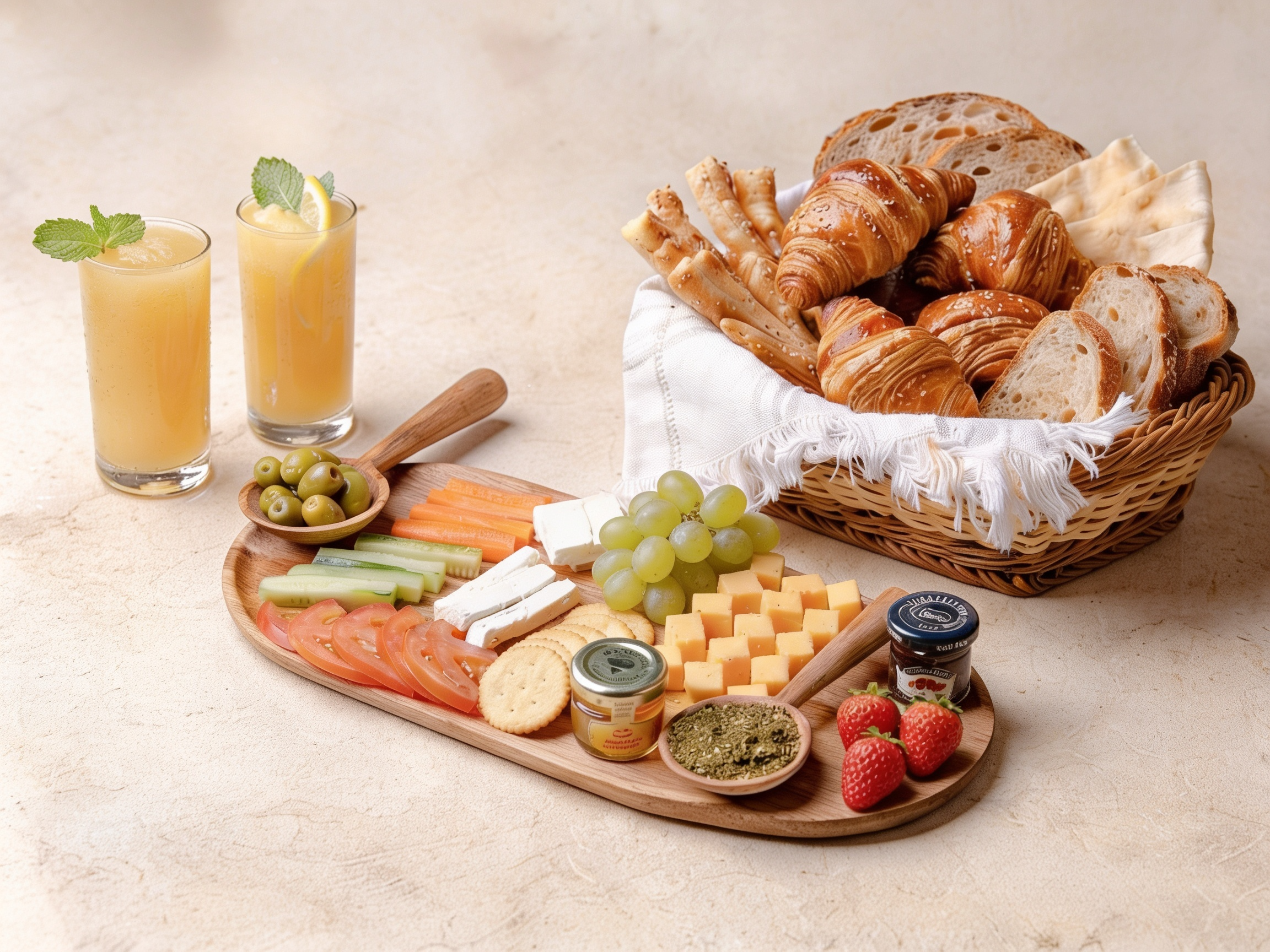 طبق أجبان مع سلة كرواسون